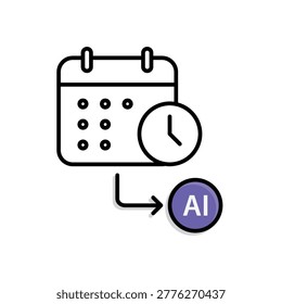 Scheduled Task icon. Artificial intelligence. Calendar with a small clock and arrows to nodes. Workflow, automation, and input. Mixed design style.