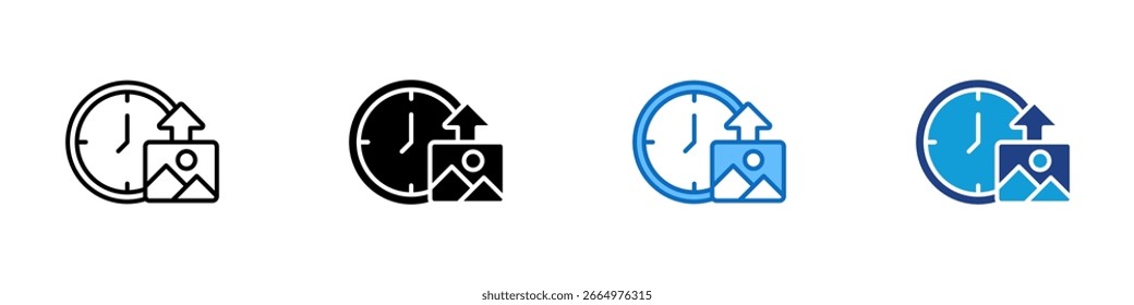 Scheduled Upload Multi Style Icon Design Vector - Clock and image represent scheduled media upload or content publishing time