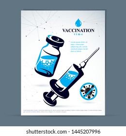 Scheduled vaccination theme presentation flyer. Vector graphic illustration of medical bottle and syringe for injections.