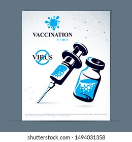 Scheduled vaccination theme presentation flyer. Vector graphic illustration of medical bottle and syringe for injections.