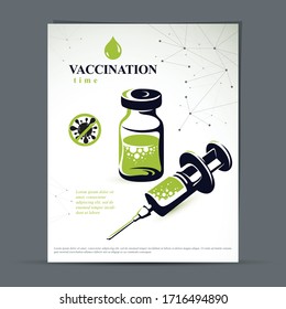 Scheduled vaccination theme presentation flyer. Vector graphic illustration of medical bottle and syringe for injections.
