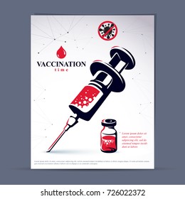 Scheduled vaccination theme presentation flyer. Vector graphic illustration of medical bottle and syringe for injections.