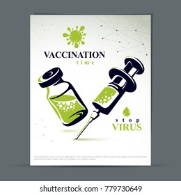 Scheduled vaccination theme presentation flyer. Vector graphic illustration of medical bottle and syringe for injections.