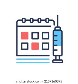 Scheduled vaccinations - vector line design single isolated icon on white background. High quality black pictogram with red and blue colors. Image of calendar and syringe with a medicine for the virus