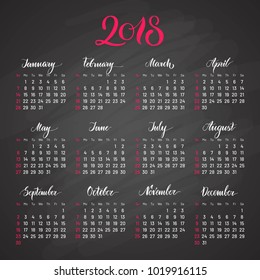 Scheduler, 2018, dark background, lettering, flat. Stylish annual calendar for modern people. Vector illustration of chart