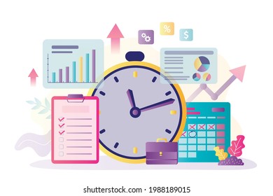 Scheduler with marked deadline. Effective planning of affairs and events. To-do list with check marks. Concept of time management and timeline. Various charts and statistics. Flat vector illustration