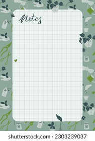 Scheduler and organizer for plant lover. List for notes decorated with gardening elements. Letter size grid paper. Retro style stationery. Vector illustration.