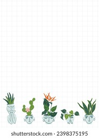 Scheduler and organizer for plant lover. List for notes decorated with houseplant elements.  Letter size grid paper. Modern stationery. Floral background. Vector illustration.