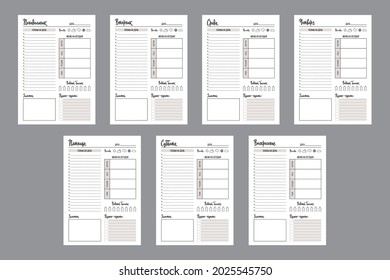 Scheduler pages. Paper sheets for making a schedule, writing tasks for the day. A template for a to-do list. A set of vector organizer layouts for printing A4 format.