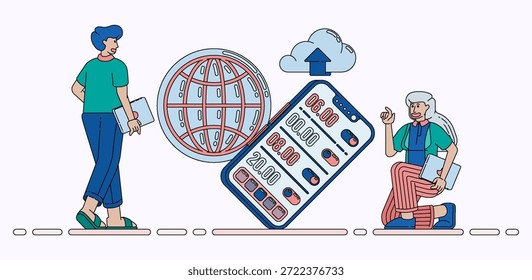 Programación de alarmas y notificaciones en App de teléfonos inteligentes para citas Conectividad en línea y gestión de tiempo basada en la nube. El diseño se puede utilizar para el Anuncio, el Sitio web, el cartel, la página de aterrizaje, los medios sociales,