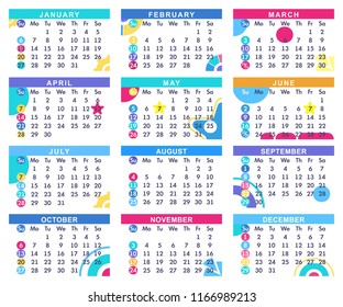 Scheduling calendar for 2019, Template design, set of 12 months. Basis for illustrations and postcards. Vector illustration.