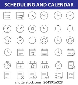 Scheduling and Calendar Icons,  Calendar, Clock, Time Slot, Reminder, Agenda, Alarm, Repeat,  repeat symbol, and more. Ideal for productivity apps, planners, time management tools, and dashboards. 