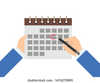 scheduling calendar and pen in hand in flat style
