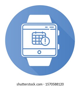 Scheduling events smartwatch function blue flat design long shadow glyph icon. Fitness wristband capability. Calendar and timetable. Planning and time management. Vector silhouette illustration