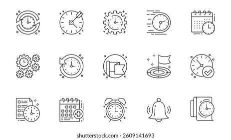 Scheduling icons set in outline stroke design for web. Pack line pictograms with time management, target, fast process, deadline, calendar, planning schedule, countdown, other. Vector illustration.