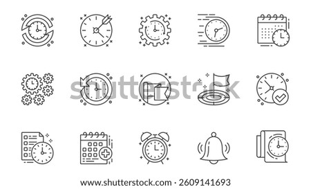 Scheduling icons set in outline stroke design for web. Pack line pictograms with time management, target, fast process, deadline, calendar, planning schedule, countdown, other. Vector illustration.
