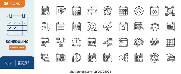 Scheduling line editable icon set. Contains icons related to time and schedule. Vector illustration