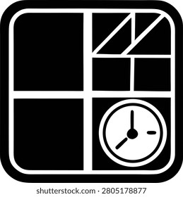 Scheduling management interface icon showing time clock inside window grid layout representing productivity organization task planning efficiency workplace management calendar software.
