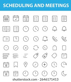 Ícones de agendamento e reunião, calendário, relógio, agenda, lembrete, vídeo chamada, bate-papo, alerta Bell, formatos editáveis: EPS, JPG

