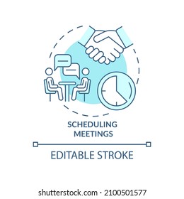 Planen von Meetings türkisfarbenes Konzept Symbol. Koordinate Kalender abstrakte Idee dünne Linie Illustration. Einzeln Umrisszeichnung. Bearbeitbarer Strich. Verwendung von Roboter-Medium, Myriad Pro-Fett-Schriftarten