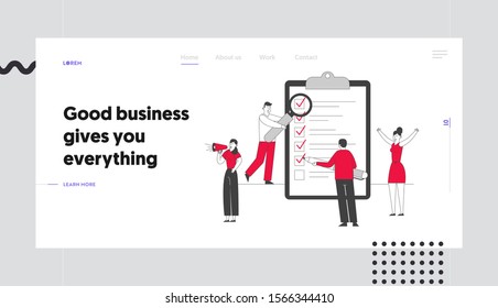 Scheduling Planning and Creative Process Website Landing Page. Business People Stand at Huge Clipboard with Checklist Filling Check Boxes Web Page Banner. Cartoon Flat Vector Illustration, Line Art