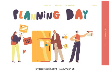 Scheduling, Planning Day, To Do List Filling Concept. Male and Female Characters Fill Checklist on Refrigerator, People Make Notes in Notebook, Calendar or Smartphone App. Cartoon Vector Illustration