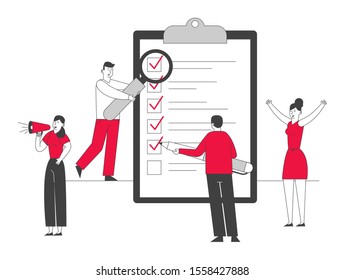 Scheduling Planning Inspiration and Creative Process Concept. Business People Stand at Huge Clipboard with Checklist Filling Check Boxes with Marks by Pen. Cartoon Flat Vector Illustration, Line Art