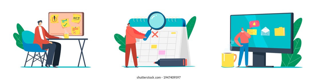 Scheduling, Planning, Inspiration and Creative Process Concept. Tiny Business Characters at Huge Calendar and Computer Fill Checklist. People Make Notes on Memory Board. Cartoon Vector Illustration