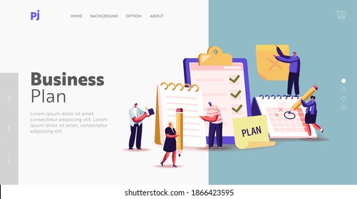 Scheduling, Planning, Inspiration Writing Landing Page Template. Business Characters Stand at Huge Clipboard with Checklist Fill Check Boxes Make Notes on Textbook. Cartoon People Vector Illustration