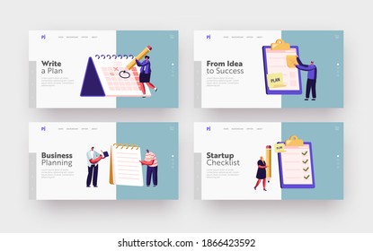 Scheduling, Planning, Plan Writing Landing Page Template Set. Business Characters Stand at Huge Clipboard with Checklist Fill Check Boxes Make Notes on Textbook. Cartoon People Vector Illustration