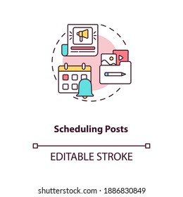 Scheduling posts concept icon. Becoming nanoinfluencer tip idea thin line illustration. Social media posting tool. Uploading content. Vector isolated outline RGB color drawing. Editable stroke