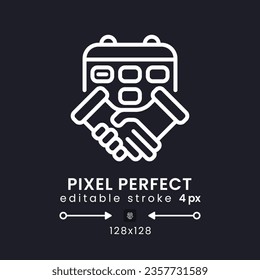 Icono de escritorio lineal blanco del servicio de programación en negro. Automatización de procesos. Sistema de reservas online. Píxel perfecto 128x128, contorno 4px. Símbolo de interfaz de usuario aislado para tema oscuro. Trazo editable