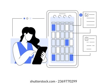 Scheduling systems abstract concept vector illustration. Woman with smartphone using scheduling app, IT technology, data transfer, software to automate business processes abstract metaphor.