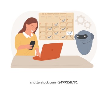 Scheduling-Systeme einzelne Cartoon-Vektorgrafiken. Frau mit Smartphone mit Scheduling-App, IT-Technologie, Datentransfer, Software, um Geschäftsprozesse zu automatisieren, Vektorgrafik.