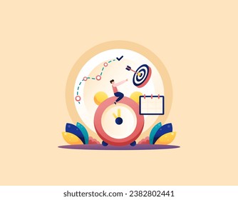Scheduling and time management. preparation of business schedules. Make plans or strategies to be on time and achieve targets. A manager or entrepreneur sits at a big clock. illustration concept
