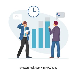 Scheduling working tasks, business workflow optimization and income. Planning teamwork and analysis of income. Business team discussing financial results and planning budget cartoon vector