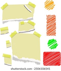 scheet paper attached with stickers and crayon scribbles, scrapbook, old notebook