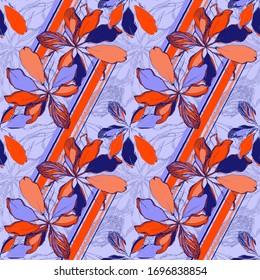 Scheffler. Leaves. Vegetation. Seamless vector pattern with flowers, lines and geometry. Hand drawing. Sketch.