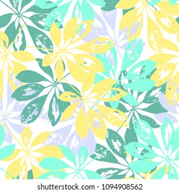 Schefflera leaf seamless hand drawn pattern for textile, covers, wallpapers, surface design. Tropical forest summer illustration. Vector texture.