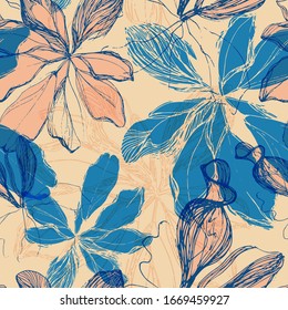 Scheffler's home flower. Tropical plant. Seamless vector pattern. Hand drawing. Sketch.
