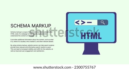 Schema Markup Banner on Light Background. Stylish SEO Banner with Black Text and Monitor Icon for Business and Marketing