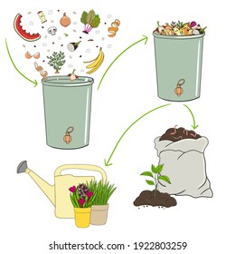 Schema of recycling organic waste from collecting kitchen scraps to use compost and compost tea for gardening. Recycling organic waste. Zero waste concept. Hand drawn vector illustration.