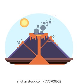 Schema of Volcano eruption with magma and lava. Cartoon illustration of nature blowing up with smoke