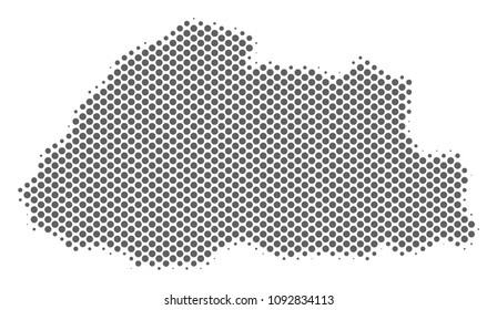 Schematic Bhutan map. Vector halftone geographical abstraction. Grey pixelated cartographic concept. Abstract Bhutan map is constructed of regular round spot array.