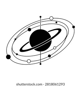 Schematic black and white diagram showing a ringed planet surrounded by multiple orbiting moons and satellites on elliptical paths. Ideal for science, astronomy, and education.