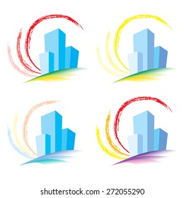 Schematic Of The Building On A Background Of A Symbolic Sun.