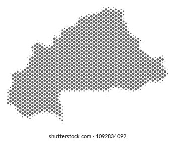 Schematic Burkina Faso map. Vector halftone geographic plan. Grey pixelated cartographic concept. Abstract Burkina Faso map is shaped with regular round element grid.