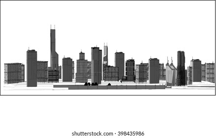 a schematic of the city with skyscrapers 3D render