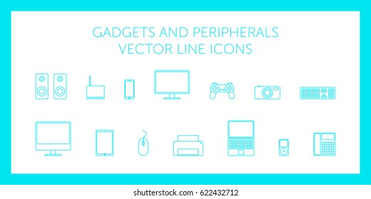 Schematic computer technology  - monitor, laptop, speakers, mouse, keyboard, modem, joystick, camera, printer, phone on white background