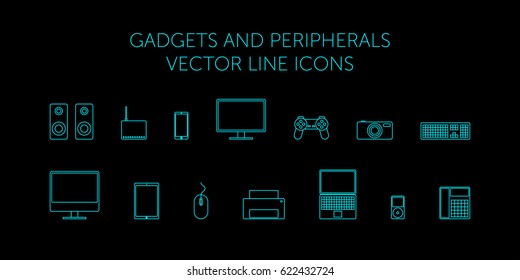 Schematic Computer Technology  - Monitor, Laptop, Speakers, Mouse, Keyboard, Modem, Joystick, Camera, Printer, Phone On Black Background